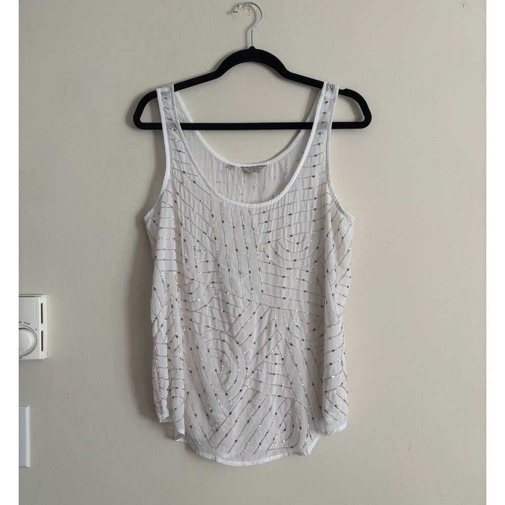 Y2K Guess Top Womens Medium Beaded White Pink Sequin Party Going Out Sheer